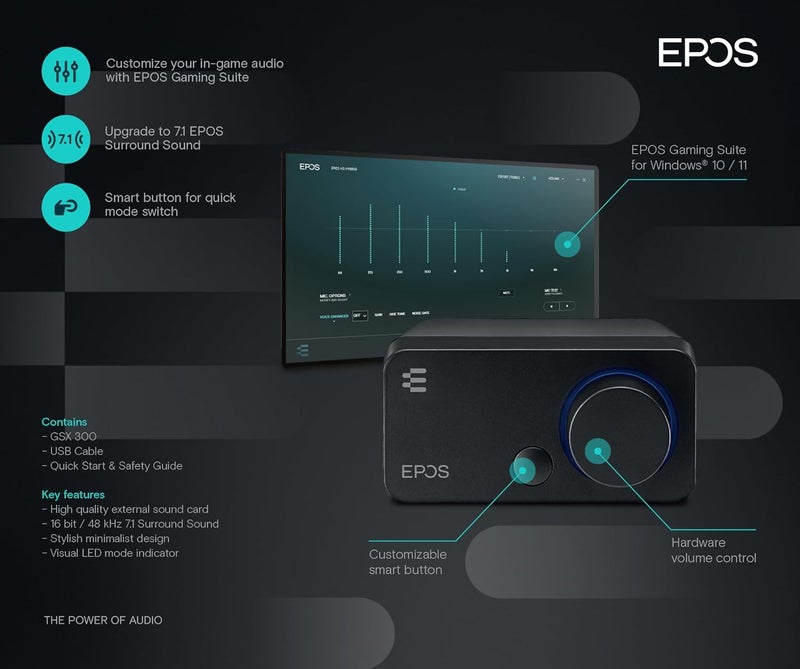 EPOS GSX 300 - External Computer Sound Card - High-Resolution Stereo & 7.1 Surround Sound - LED Volume Dial; Customizable Smart Button - Windows 10 Synchronized - Image 3